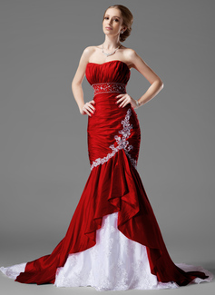 Mermaid Sweetheart Chapel Train Taffeta Lace Wedding Dress With Ruffle Beadwork (002000478)