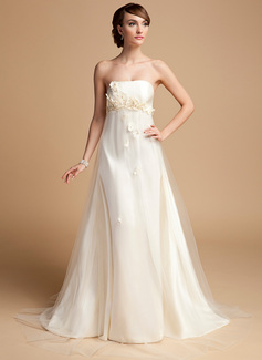 Empire-Linie Trägerlos Pinsel-Schleppe Satin Tüll Brautkleid mit Blumen (002014723)