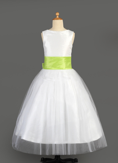 A-Line/Princess Scoop Neck Ankle-Length Tulle Charmeuse Flower Girl Dress With Sash Flower(s) (010014646)