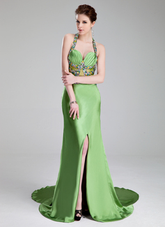 Sheath Sweetheart Watteau Train Tulle Charmeuse Prom Dress With Ruffle Beading (018019575)