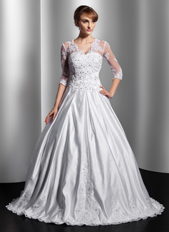 Ball-Gown V-neck Sweep Train Satin Tulle Wedding Dress With Lace Beadwork Sequins (002014755)