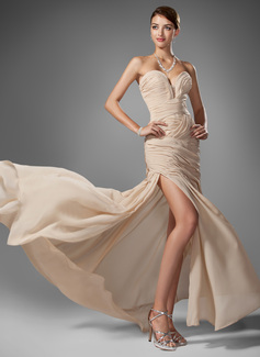 Sheath Sweetheart Sweep Train Chiffon Prom Dress With Ruffle Beading (018005251)