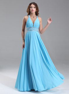 A-Line/Princess V-neck Floor-Length Chiffon Prom Dress With Ruffle Beading Sequins (018004867)