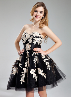 Vestidos princesa/ Formato A Coração Curto/ Mini Tule Charmeuse Vestidos de boas vindas com Pregueado Bordado Apliques (022019176)