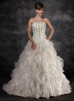 Ball-Gown Strapless Sweep Train Organza Charmeuse Wedding Dress With Beadwork (002016934)