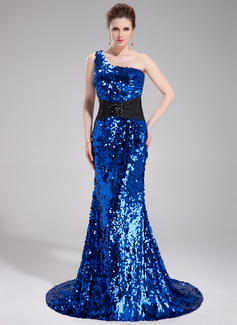 Mermaid One-Shoulder Court Train Charmeuse Sequined Prom Dress With Sash Beading (018018917)