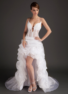 A-Line/Princess V-neck Asymmetrical Organza Prom Dress With Lace (018015507)
