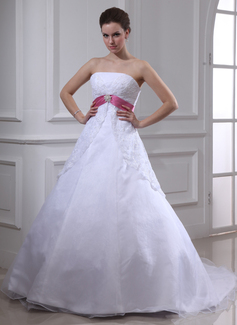 Empire Strapless Chapel Train Organza Satin Lace Wedding Dress With Sashes Crystal Brooch (002000129)