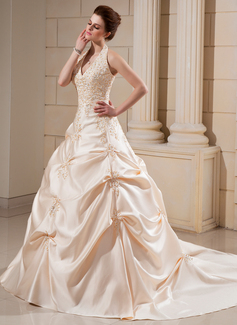 Ball-Gown Halter Cathedral Train Satin Wedding Dress With Embroidery Beadwork (002000678)