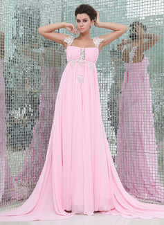 Empire Square Necklin Watteau Train Chiffon Evening Dress With Ruffle Lace (017017403)
