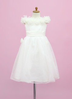 A-Line/Princess Off-the-Shoulder Floor-Length Organza Satin Flower Girl Dress With Flower(s) (010005338)