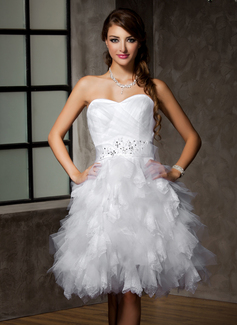A-Line/Princess Sweetheart Knee-Length Satin Tulle Lace Wedding Dress With Ruffle Sashes Beadwork Sequins (002012778)