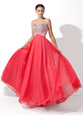 A-Line/Princess Sweetheart Floor-Length Tulle Charmeuse Prom Dress With Beading (018004812)