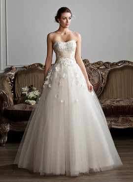 Ball-Gown Sweetheart Floor-Length Satin Tulle Wedding Dress With Ruffle Sashes Beadwork Appliques Flower(s) (002013803)