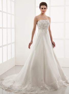 A-Line/Princess Sweetheart Court Train Satin Tulle Wedding Dress With Embroidery Lace Beadwork (002000179)
