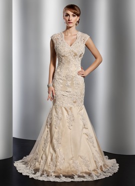 Mermaid V-neck Court Train Satin Tulle Wedding Dress With Lace Beadwork (002014773)