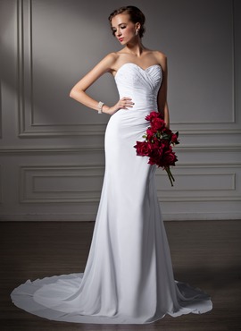 Sheath/Column Sweetheart Court Train Chiffon Wedding Dress With Ruffle Beadwork (002006370)