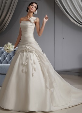 Ball-Gown One-Shoulder Cathedral Train Organza Wedding Dress With Ruffle Flower(s) (002022678)