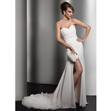 Sheath/Column Sweetheart Court Train Chiffon Wedding Dress With Ruffle Lace Beadwork Sequins (002011415)