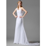 A-Line/Princess One-Shoulder Court Train Chiffon Wedding Dress With Ruffle Beadwork Flower(s) (002000446)