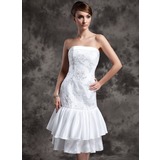 Sheath/Column Strapless Tea-Length Taffeta Tulle Wedding Dress With Lace Beadwork (002024077)