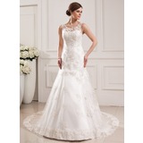 Mermaid Scoop Neck Court Train Satin Tulle Wedding Dress With Lace (002019530)