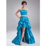 A-Line/Princess Scalloped Neck Asymmetrical Taffeta Prom Dress With Ruffle Beading Appliques (018020930)