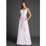 Sheath Scoop Neck Floor-Length Satin Lace Bridesmaid Dress (007015500)