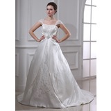 Ball-Gown Square Neckline Court Train Organza Satin Wedding Dress With Embroidery Ruffle Beadwork (002011665)