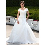 De baile Sem o ombro Cauda capela Organza Vestido de noiva com Pregueado Bordado (002000599)