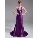 Mermaid Halter Court Train Charmeuse Evening Dress With Ruffle Beading (017020662)