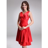 A-Line/Princess V-neck Knee-Length Charmeuse Bridesmaid Dress With Ruffle (007022523)