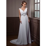 A-Line/Princess V-neck Court Train Chiffon Wedding Dress With Ruffle Beadwork (002011388)