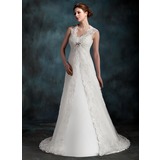 A-Line/Princess Scoop Neck Court Train Tulle Wedding Dress With Ruffle (002001296)