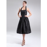A-Line/Princess Halter Tea-Length Taffeta Organza Bridesmaid Dress With Ruffle (022021137)