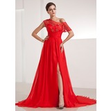 A-Line/Princess Off-the-Shoulder Chapel Train Chiffon Evening Dress With Ruffle Lace (017014210)