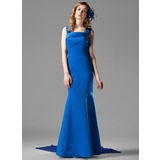 A-Line/Princess Square Neckline Watteau Train Chiffon Satin Bridesmaid Dress (007000936)