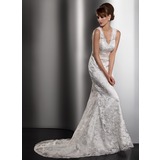 Sheath/Column V-neck Court Train Charmeuse Lace Wedding Dress With Sashes (002013766)