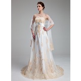 Keizer Sweetheart Lange Sleep satijn Tule Bruidsjurk met Kant Kristal Bloemen Pin (002011662)