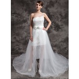 A-Line/Princess One-Shoulder Asymmetrical Satin Tulle Wedding Dress With Beadwork Sequins (002024076)