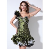 Tubo Um ombro Curto/ Mini Tafetá Organza Vestidos de boas vindas com Pregueado Bordado Penas (022021034)