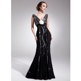 Sheath V-neck Court Train Chiffon Mother of the Bride Dress With Beading (008014560)