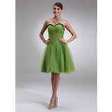 A-Line/Princess Sweetheart Knee-Length Satin Tulle Bridesmaid Dress With Ruffle (007022532)