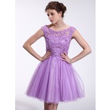 A-Line/Princess Off-the-Shoulder Short/Mini Tulle Charmeuse Homecoming Dress With Beading Sequins (018025268)