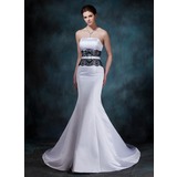 Mermaid Strapless Court Train Satin Wedding Dress With Lace Crystal Brooch (002001154)