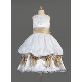 Empire Scoop Neck Tea-Length Satin Flower Girl Dress With Lace Sash Beading (010014610)
