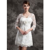 A-Line/Princess Scoop Neck Short/Mini Charmeuse Lace Wedding Dress With Flower(s) (002014998)