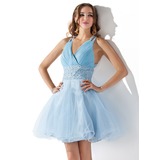 Vestidos princesa/ Formato A Curto/ Mini Tule Vestidos de boas vindas com Pregueado Bordado (022020898)