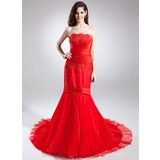 Mermaid Strapless Chapel Train Organza Satin Prom Dress With Ruffle Lace Beading Flower(s) (018015900)