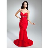 Mermaid V-neck Court Train Chiffon Evening Dress With Ruffle Beading (017014897)